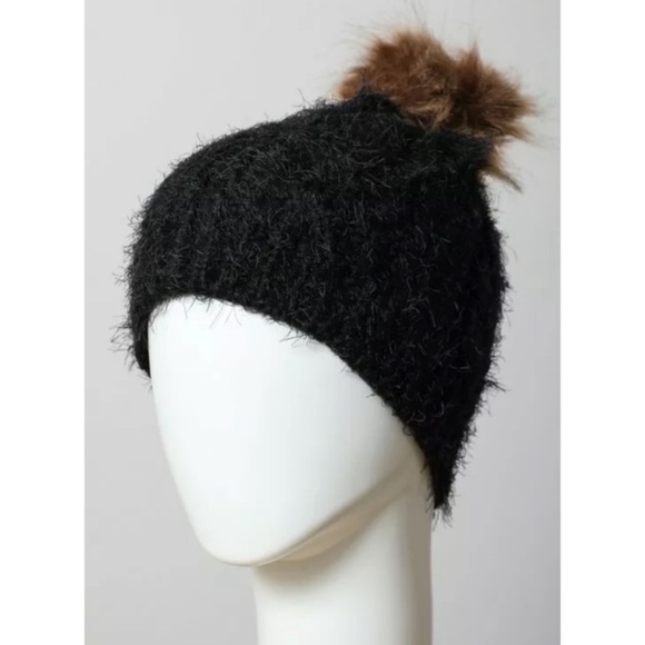 Black Faux Mohair Soft Knit Pompom Beanie Hat - Picture 4 of 4